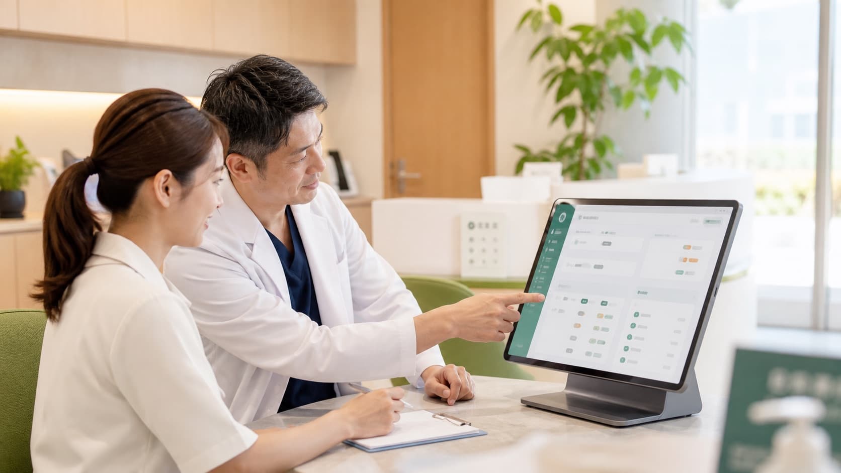 医師と受付スタッフが導入する機能を確認しているイメージ