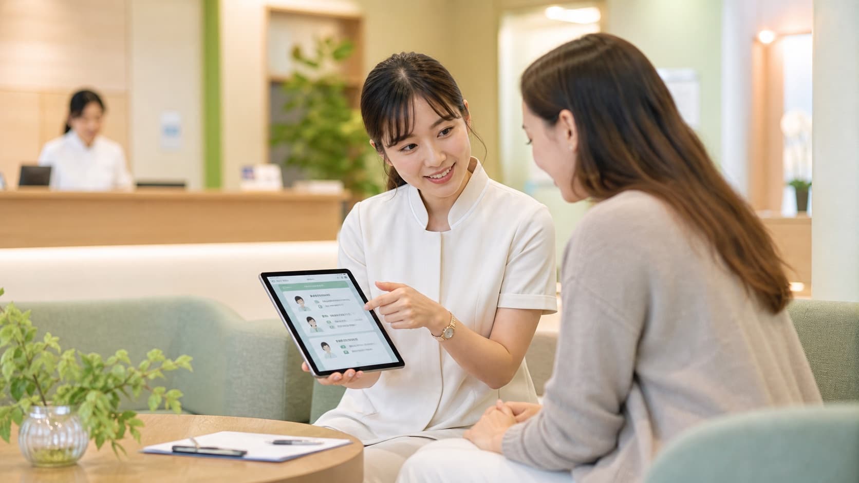 医療機関で海外患者向けの多言語案内を確認しているイメージ